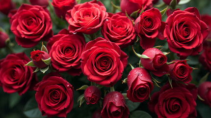 Obraz premium Natural fresh red roses flowers pattern wallpaper. top view, Red rose flower wall background.