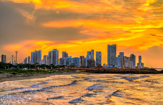 Skyline of Cartagena de Indias by the Caribbean Sea at sunset. Bolivar, Colombia