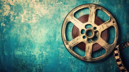 Obraz premium Vintage Movie Reel and Film Strip on Distressed Blue Background