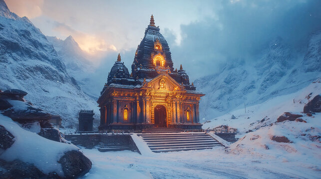 Cinematic shot of Kedarnath Shiva temple with snow mountain