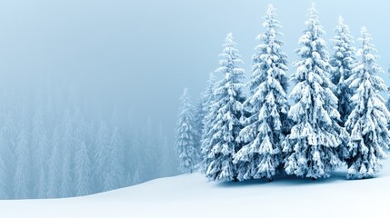 Fototapeta premium Snow-Covered Pine Trees in a Serene Winter Landscape with Fog and Soft Natural Light