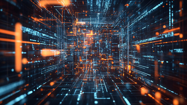 A high-tech cybernetic data network with glowing blue and orange lights representing artificial intelligence futuristic computing and information flow
