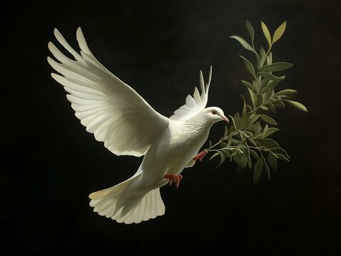 white dove with olive branch, dark background, peaceful scene