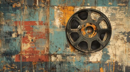 Vintage Film Reel on Weathered Colorful Wooden Background