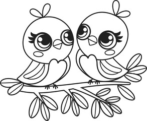 A black and white coloring book line art of a pair of lovebirds sitting on a tree branch, two birds on branch lineart