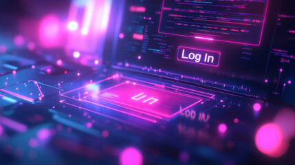 Fototapeta premium Tech cartoon poster, computer neon glowing desktop with lock, login and password form. Personal data protection, mobile life, internet social networks media cyber privacy protect, Vector web banner