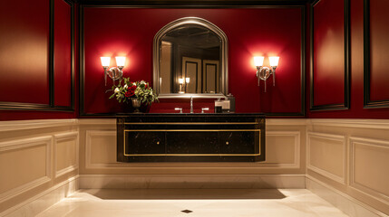 elegant black vanity in a red and gold powder room