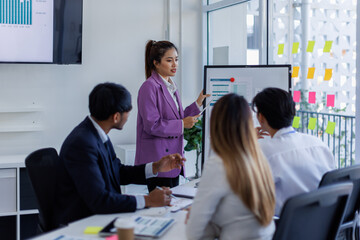 Group of Business people planning at whiteboard in office meeting,team business work with documents tax laptop computer in office.	