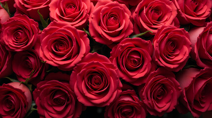 Natural fresh red roses flowers pattern wallpaper. top view, Red rose flower wall background.