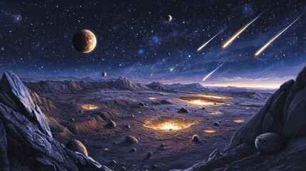 Fototapeta premium Surreal Cosmic Landscape with Planets, Stars, and Shooting Stars