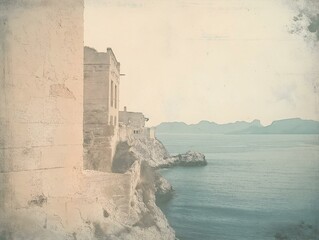 vintage coastal scene, aged photo, muted tones, rocky shore, tranquil water