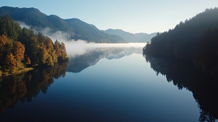 Tranquil Lake Surrounded by Majestic Mountains Reflecting Autumn Colors at Dawn