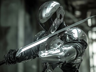 Fototapeta premium fantasy knight, futuristic armor, sword, dramatic lighting, dark background