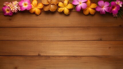 Fototapeta premium Vibrant Arrangement of Pink and Orange Flowers on Brown Wooden Background with Natural Texture