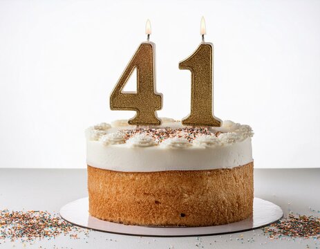 Decorated white cake for birthday or anniversary party, candle number 41, white background