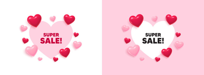 Super sale heart shaped banner. 3d flying hearts. Super Sale tag. Special offer price sign. Advertising Discounts symbol. Valentines day greeting card. Cute 3d love hearts. Vector © blankstock