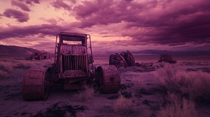 Fototapeta premium Rusty Relic at Sunset: A Desolate Landscape