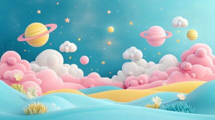 Colorful Fantasy Landscape with Planets and Clouds