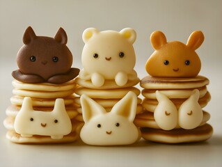 stack of pancakes, cute animal figurines, whimsical food art, pastel colors