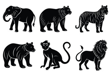 Animals silhouette set. Wild animals silhouette collection vector illustration on white background