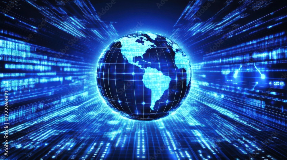 Poster global digital network visualization with blue data streams