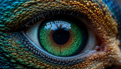 Obraz premium Close-Up of a Bird's Vibrant Eye and Colorful Plumage. Generative Ai