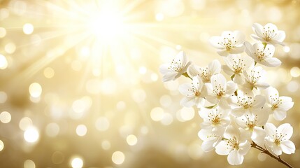 White Cherry Blossom Flowers in Soft Sunlight with a Dreamy Golden Bokeh Background