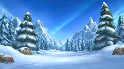 Winter Wonderland Landscape with Snow-Covered Mountains and Northern Lights in the Night Sky