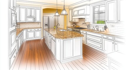 Fototapeta premium An elegant kitchen space with up-to-date furniture, combining photographic and sketched elements