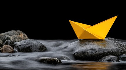 Yellow Origami Boat Floating on Smooth Water Over Dark Rocks Creating a Tranquil Scene