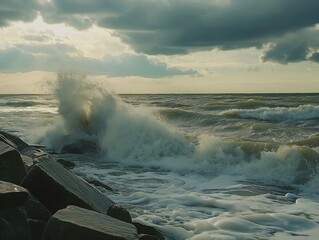 stormy ocean waves, crashing waves, dark water, dramatic lighting, seascape