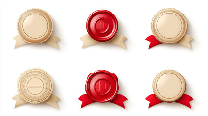 Red wax seal stamp approval sealing. Quality guarantee blank retro postal label with ribbon and rope.Royal insignia or signature for letter or document secure and verify, Realistic 3d vector icons set
