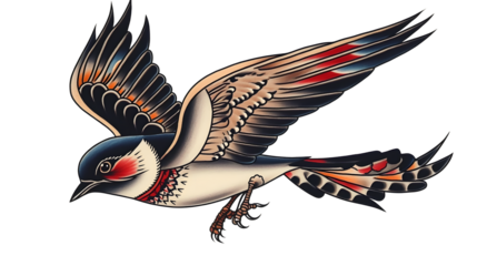 Iconic traditional tattoo art featuring a nautical swallow, rendered with bold lines and solid color fills, displayed on a clean, isolated background