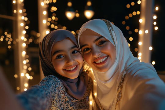 A close up shot of an Arab mother and daughter taking selfie at ramadan festive season with glittering lights and lantern.