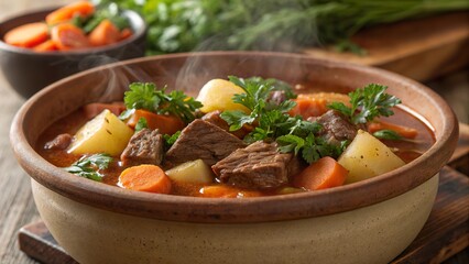 Savory easter beef stew served in a rustic bowl with fresh vegetables and herbs for a hearty meal