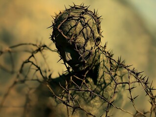 figure entwined with thorns, dark background, textured surface, somber mood