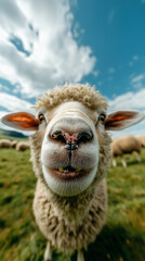 Curious sheep gazes warmly at the camera amidst lush green grass under a blue sky in a tranquil rural setting