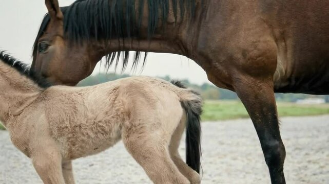 A heartwarming moment of a mother horse gently grooming her adorable newborn foal in a tranquil field.
