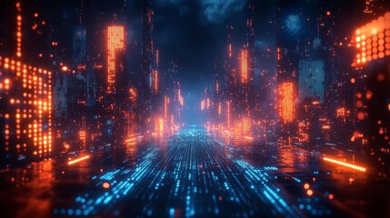 Fototapeta premium Futuristic digital cityscape with glowing pixel grids and holographic patterns. Generative AI