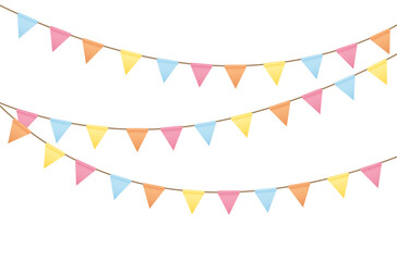 Carnival colored garlands and bunting. Festive triangle flags on rope for decoration of party, holiday, event, festive, celebration. Colorful pennants for banner, flyer, template Vector design element