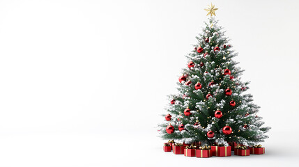 Obraz premium Decorated Christmas tree with red and gold ornaments and gifts underneath. isolated on white background