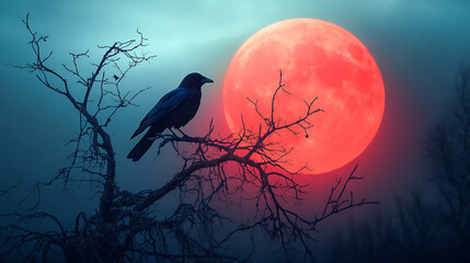 Crow and Red Moon: A crow perched on a dry branch of a large tree, set against the eerie atmosphere of a full red moon in the countryside