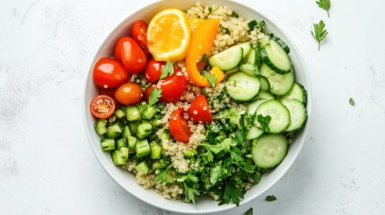 A bowl of fresh quinoa salad with cucumbers, cherry tomatoes, bell peppers