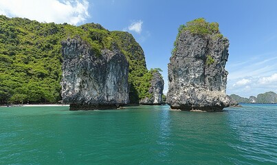 Naklejka premium Tropical island beach with rock formations in turquoise ocean, ideal for travel ads
