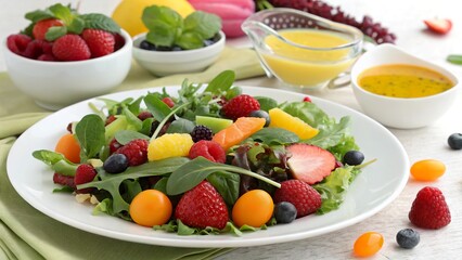 Colorful mixed salad as a vibrant Easter side dish featuring fresh fruits and greens on a festive table setting