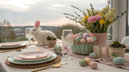 Beautifully arranged Easter table setting with pastel colors, flowers, and decorative elements creates a festive atmosphere for a spring gathering