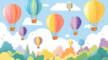Obraz premium Colorful Hot Air Balloons Floating in a Bright Blue Sky with Clouds