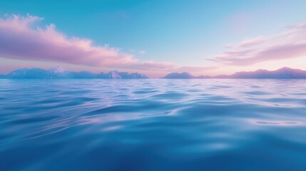 Serene Arctic sunset, calm ocean, snowy mountains.  Background use travel, tourism