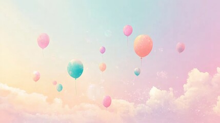 Colorful Balloons Floating in a Dreamy Sky with Soft Pastel Clouds