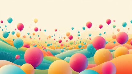 Colorful Abstract Landscape with Balloons and Dreamy Hills in Background